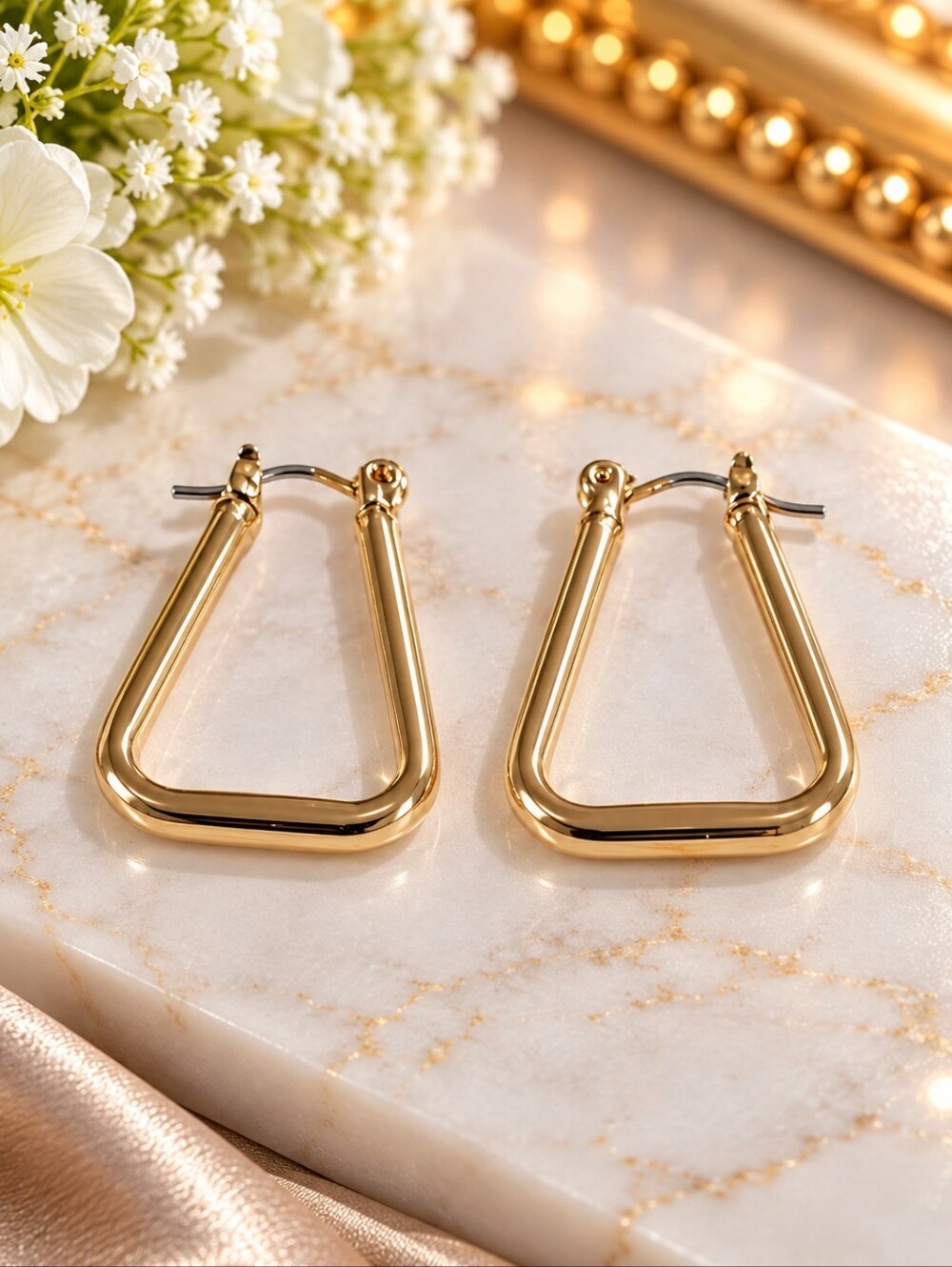 Gold Tone Geometric Triangle Hoop Earrings Minimalist Statement Women's Jewelry